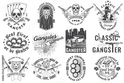 Set of gangster club badge design. Vector illustration. Vintage monochrome label, sticker, patch with gangster, submachine gun and tiger gangster skull silhouettes.