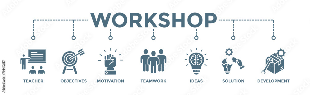 Workshop banner web icon vector illustration concept with icon of teacher, objectives, motivation, teamwork, ideas, solution, and development Workshop banner web icon vector illustration concept with icon of teacher, objectives, motivation, teamwork, ideas, solution, and development