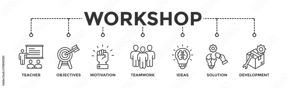 Workshop banner web icon vector illustration concept with icon of teacher, objectives, motivation, teamwork, ideas, solution, and development Workshop banner web icon vector illustration concept with icon of teacher, objectives, motivation, teamwork, ideas, solution, and development