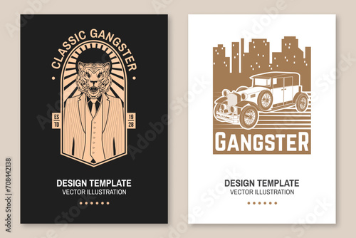 Set of gangster banner, poster. Vector illustration. Vintage monochrome label, sticker, patch with american retro car and tiger gangster silhouettes.