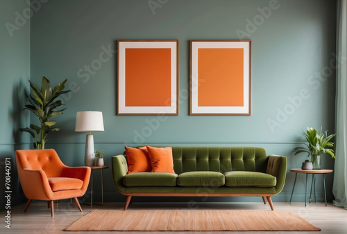 Green sofa and orange chairs against wall with two poster frame mockup. Mid-century, vintage, retro style home interior design of modern living room.