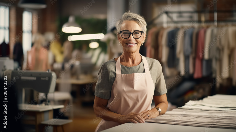 concept of retirees returning back to work, elderly employees, Unretirement: Fashion designer woman in the sewing workshop of his own fabric and clothing production - obrazy, fototapety, plakaty 