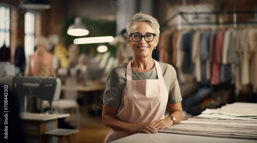 concept of retirees returning back to work, elderly employees, Unretirement: Fashion designer woman in the sewing workshop of his own fabric and clothing production photo