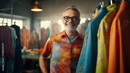 concept of retirees returning back to work, elderly employees, Unretirement: Fashion designer man in the sewing workshop of his own fabric and clothing production photo