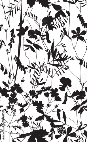 Seamless pattern. Field flowers and grasses, line drawing. Vector illustration
