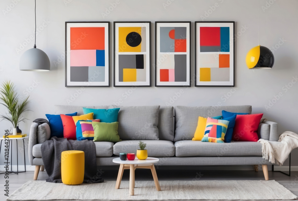 Fototapeta Light grey sofa with colorful multicolored pillows against wall with four art poster frames. Pop art, scandinavian home interior design of modern living room