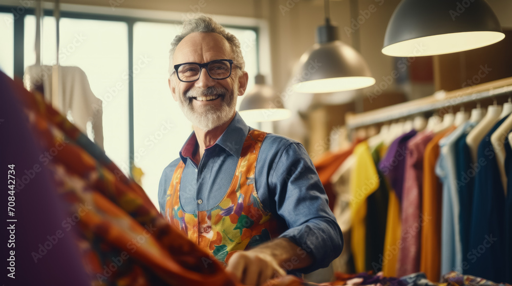 concept of retirees returning back to work, elderly employees, Unretirement: Fashion designer man in the sewing workshop of his own fabric and clothing production - obrazy, fototapety, plakaty 