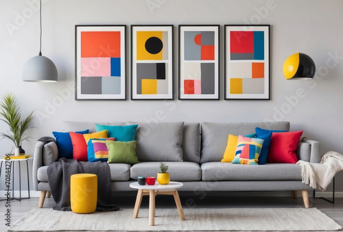 Light grey sofa with colorful multicolored pillows against wall with four art poster frames. Pop art, scandinavian home interior design of modern living room photo