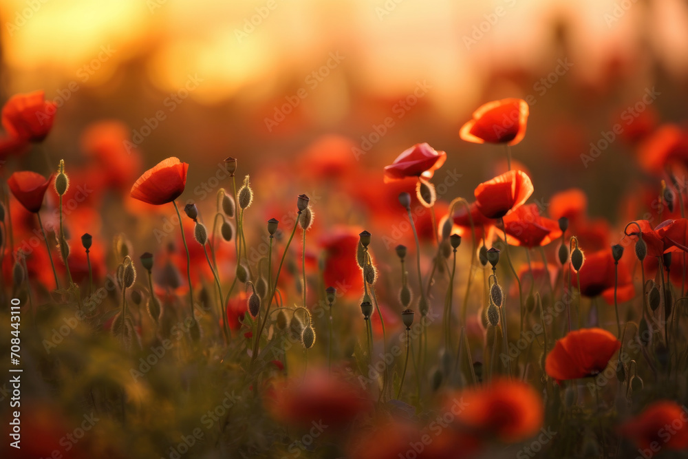 Obraz premium A field of poppies glows with the last light of day, a natural tribute to the fallen on ANZAC Day