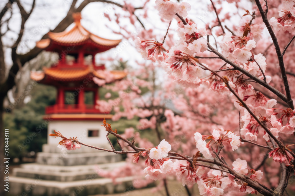 Cherry blossoms frame a traditional pagoda, a serene union of nature and architecture in spring's tender bloom Cherry blossoms frame a traditional pagoda, a serene union of nature and architecture in spring's tender bloom