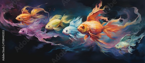 Colorful fish glide gracefully, creating ripples--a tranquil aquatic ballet beneath the open sky.