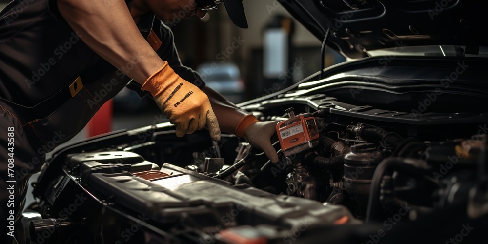 mechanic fixing a car engine mechanic fixing a car engine
