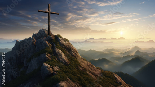 Atop a rugged peak, a wooden cross stands solemnly, overlooking a sunrise that bathes the misty mountains in gold © Ai Studio