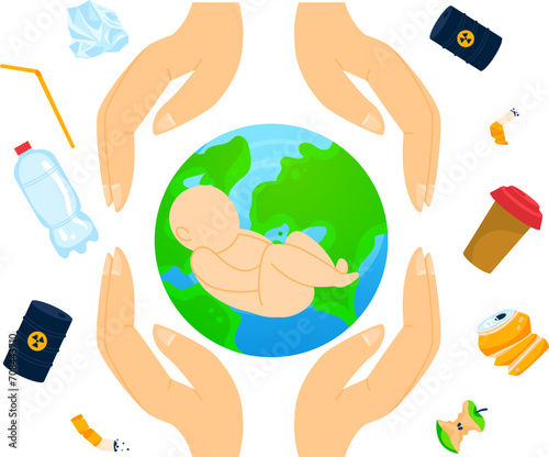 Hands cradling Earth with a baby, pollution and waste surrounding. Protecting environment, caring for future generations vector illustration.