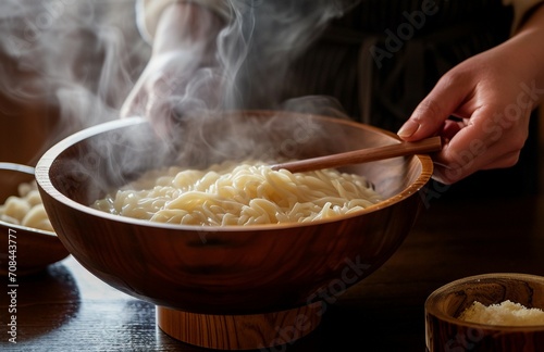 Handmade Noodles Steamed in Wooden Bowl