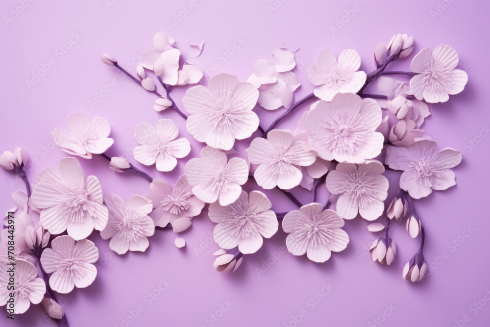 Delicate paper cherry blossoms bloom on a lavender backdrop, a creative homage to the beauty of Hanami