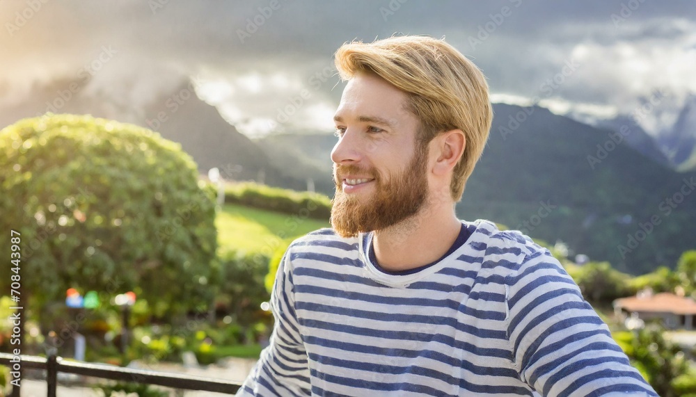 Beard and Stripes Affair: Young Man Embracing Trendy Casual Fashion