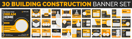 set of 30 big mega collection bundle building Construction, home improvement, home repair social media post banner design Template with yellow color, Corporate construction tools banner design.