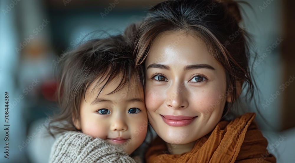 Asian mother and child, smiling and embracing Asian mother and child, smiling and embracing