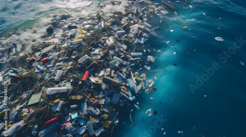  Aerial view of a polluted water ocean choked with plastic waste, plastic pollution on water photo