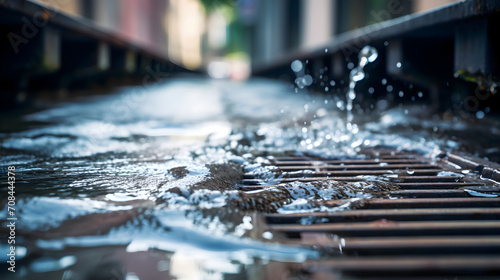 A stream of water flowing into a drainage grate on the street of a city photo