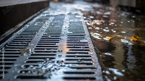 A stream of water flows into a drainage grate on a city street photo