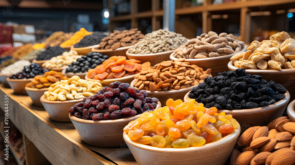 Assorted Dried Fruits and Nuts Overflows from Bulk Bins