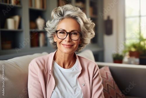 Portrait of a smiling older woman with gray hair and glasses