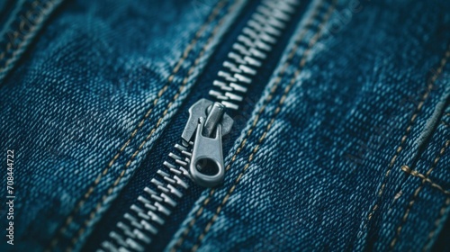 A close up of a zipper on the side of some blue jeans, AI photo