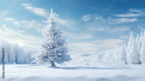 3d winter snowy landscape with christmas tree, background for greeting card
