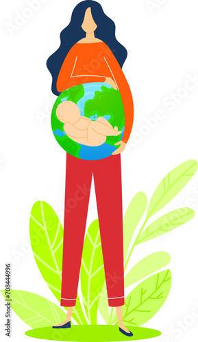 Woman holding planet earth with baby on it, nurturing nature concept. Mother earth cradles infant, symbolizes care for future generations vector illustration.