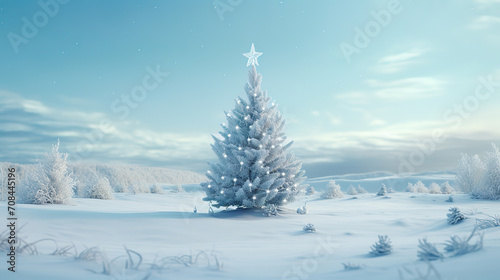A christmas tree stands out in an icy snow scene