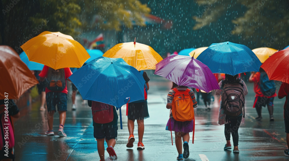 colorful umbrella in the rain - obrazy, fototapety, plakaty 