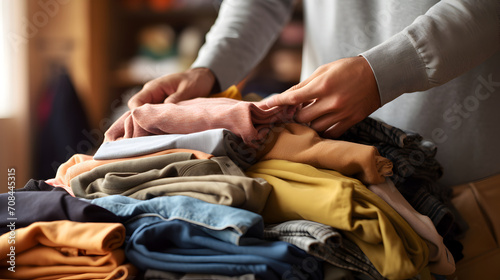 Hands of a man organizing clothes in diverse charitable foundation photo