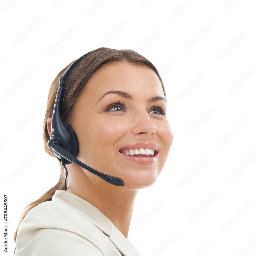 Happy woman, consultant and call center in telemarketing on a white studio background. Face of young female person or friendly agent smile with headphones for online advice or service on mockup space Happy woman, consultant and call center in telemarketing on a white studio background. Face of young female person or friendly agent smile with headphones for online advice or service on mockup space