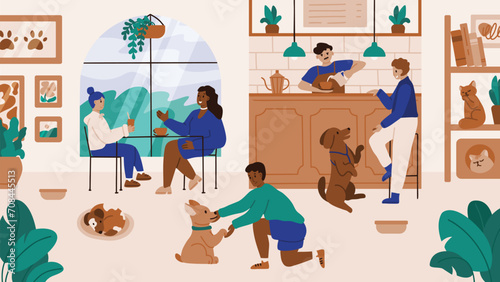 Pet-friendly cafe. Owners and pets share moments at tables, shipping coffee in a welcoming restaurant or cafe setting. dogs and cats in these heartwarming scenes.