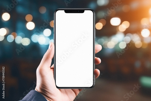 Mockup of a smartphone with a white screen in a female hand against the background of the night city