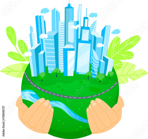 Hands holding a green planet with cityscape and nature. Sustainable city and environmental conservation vector illustration.