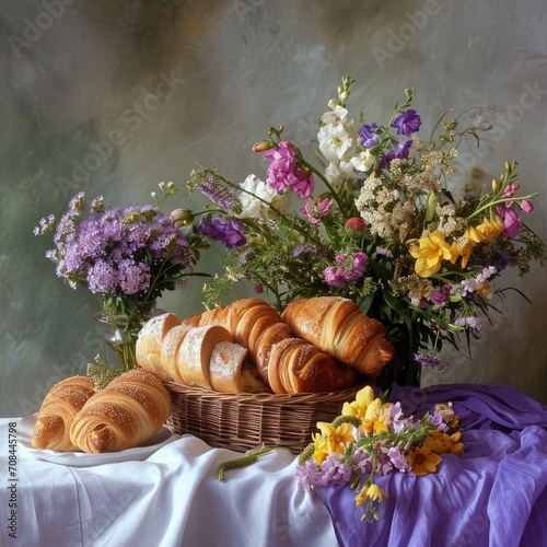 Flowers bouquets with pastries on table