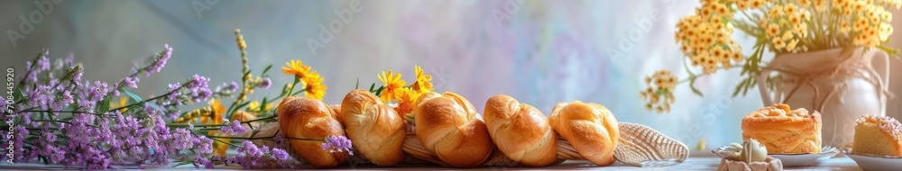 Painting of Breads and Flowers on a Table Painting of Breads and Flowers on a Table
