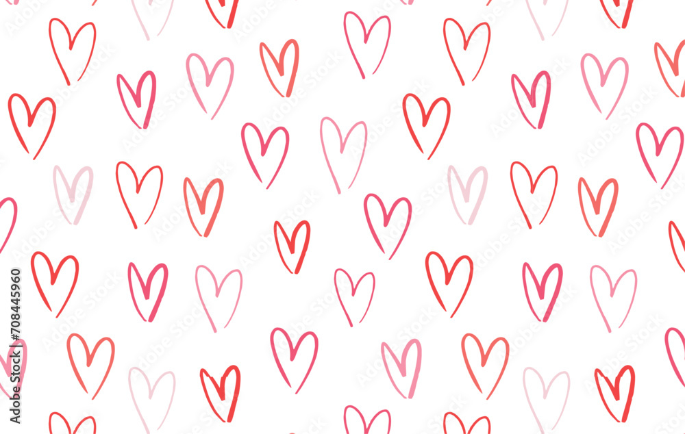 Pink and red hearts on white background. Valentine's Day hand drawn seamless pattern. Love symbol. Romantic vector wallpaper for printing or packaging.