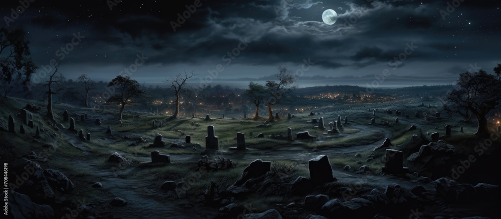nighttime burial ground illuminated by moonlight - obrazy, fototapety, plakaty 
