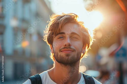 Portrait of a nice person in sunlight outside in a huge metropolis. Generative Ai.