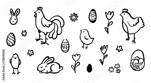 Set of Easter hand drawn elements. Eggs, bunny, chicken, flowers isolated on white background. Black and white simple vector illustration. Cute Easter decoration. 
