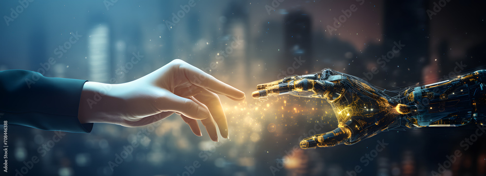 Intersection of realms as robot and human hands touch amidst a vast 