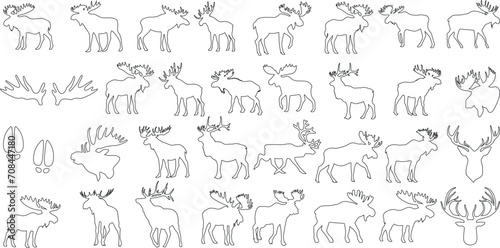 Moose line art vector, moose outline collection. Detailed illustrations, various poses, activities. Perfect for educational content, wildlife enthusiasts, graphic design projects