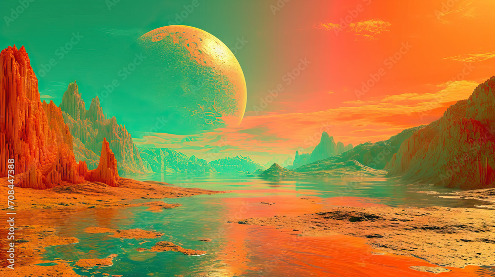 Cybernetic Oasis: A Digital Desert with Cybernetic Gold, Neon Teal, and Holographic Orange