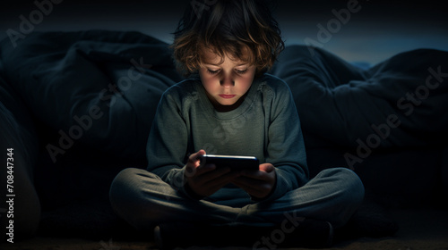 sneaky kid cross-legged on the floor useing ipad tablet at night in the dark downtime