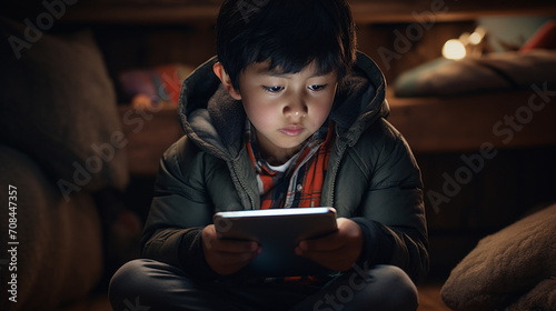 Asian kid using ipad tablet at night in the dark screen time 02 photo
