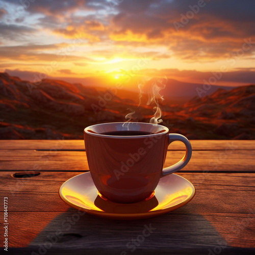 A cup of hot coffee on a wooden table outdoors in the morning in a mountain environment .morning drinks concept